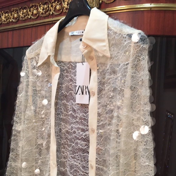 Zara Sequin Button Down semi sheer Cream Shirt Top sz.M - Picture 5 of 16